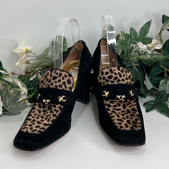 Saks Fifth Avenue Heels Women’s Size 8 AA Black Suede Animal Print Loafer Pump - Picture 11 of 15